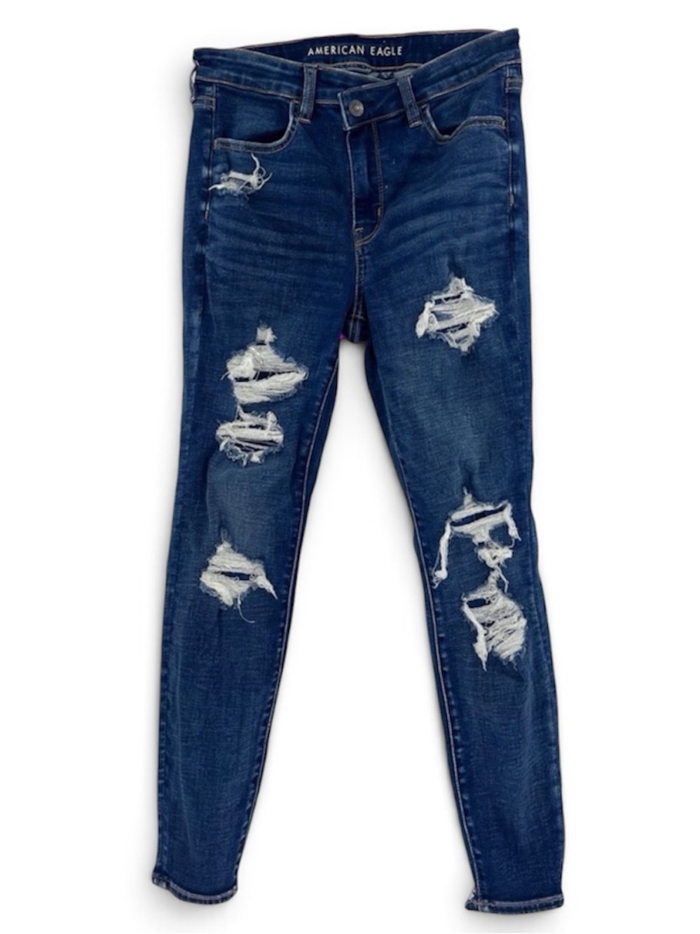 American Eagle High Rise Jegging Size 8 Short Dark Wash Heavily Distressed